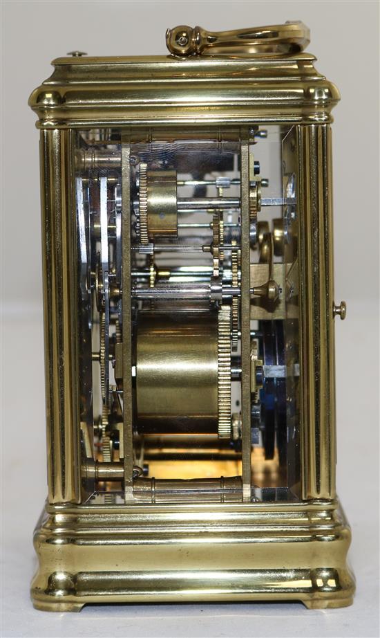 A Drocourt & Cie hour repeating brass alarum quarter repeating carriage clock, 5.75in.